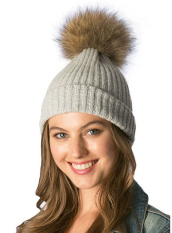 Grey Pom Pom Beanie Hat