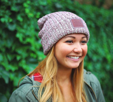 Love Your Melon Burgundy Speckled Leather Patched Cuffed Beanie