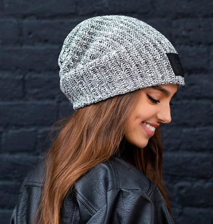 Love Your Melon Black Speckled Beanie (Black Leather Patch)