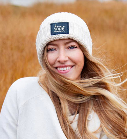 Love Your Melon White Speckled Cuffed Beanie (Navy Gold Foil Patch)